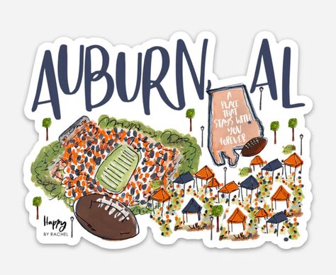 Perfect for representing your favorite football town! The Auburn, AL sticker is made of a thick, durable vinyl that protects from scratches, water & sunlight. Perfect for sticking on your favorite tumbler, laptop, or car! Measures approximately 3"x4". Earring Wall, Auburn Stickers, Auburn Ideas, Auburn Alabama, Fusion Paint, Stuck On You, Western Accessories, Types Of Girls, Kendra Scott Jewelry