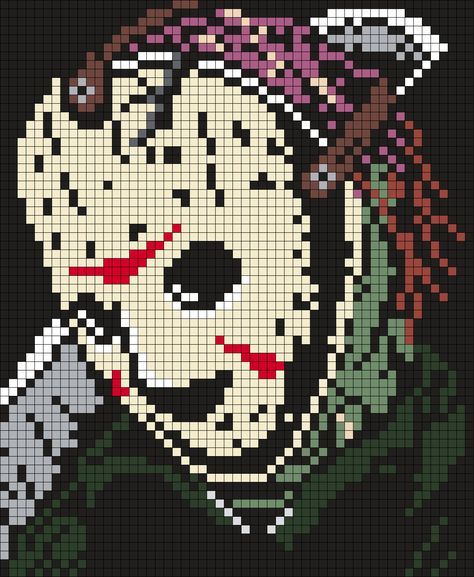 Jason Voorhees / Friday The 13th Poster (Square) Perler Bead Pattern / Bead Sprite Gizmo Perler Bead Pattern, Halloween Grid Pattern, Horror Pixel Art Grid, Grille Pixel Art, Friday The 13th Poster, Jason Voorhees Friday The 13th, Pixel Art Minecraft, Poster Square, Modele Pixel Art