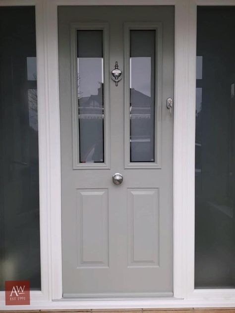 Exterior Doors Uk, Composite Front Door Uk, New Build Front Door, Grey Doors Exterior Entrance, Front Door Upvc, Green Grey Front Door, Pale Grey Front Door, Front Door Ideas Composite, Modern Classic Front Door