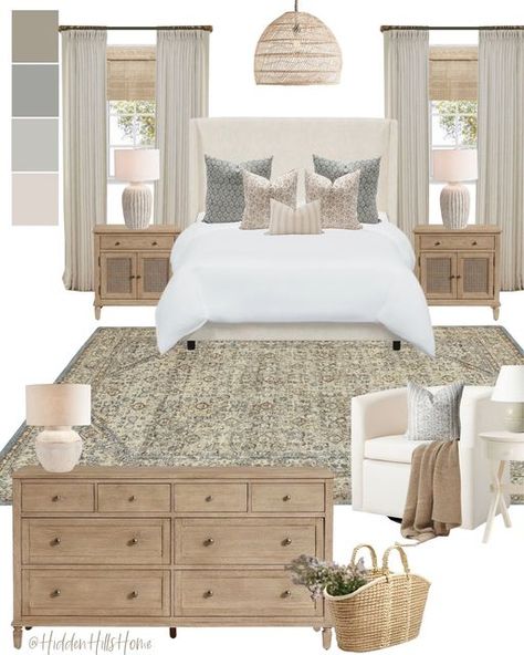 Kaitlyn Wages | Hidden Hills Home on Instagram: "These three master bedroom mood boards are some of my favorites✨ I love the neutral and inviting tones paired with this gorgeous upholstered bed!   Comment BEDROOM & I’ll send you the details!   #bedroomdecorideas #bedroomstyle #masterbedroom" Master Bedrooms Decor Large Headboard, Single Mom Master Suite, Neutral Primary Bedroom, Hidden Hills Home, Bedroom Mood Board, Bedroom Moodboard, House Florida, Neutral Bedrooms, House Updates