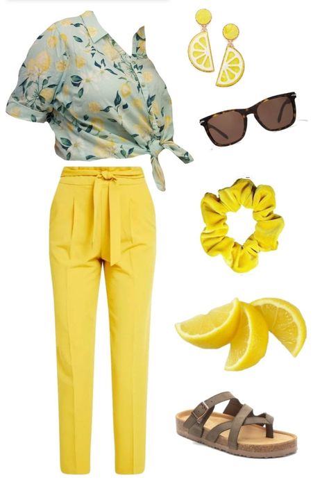 Pieces of clothes on a white background. A light blue button up with lemons and lemon blossoms on it, tied at the front. Lemon yellow tapered trousers. Lemon slice earrings, yellow scrunchie, tortoiseshell sunglasses, and brown sandals. Tapered Trousers Outfit, Lemon Outfit, Yellow Scrunchie, Trousers Outfit, Tortoiseshell Sunglasses, Lemon Blossoms, Trouser Outfit, Tortoise Shell Sunglasses, Lemon Slice