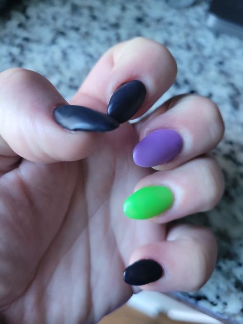 Black, purple, green matte nails Green Purple And Black Nails, Black Purple Green Nails, Purple Green And Black Nails, Purple Green Black Nails, Purple Green Halloween Nails, Green Matte Nails, Green And Purple Nails, Purple And Green Nails, Matte Purple Nails