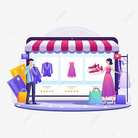 Online Shopping Design, Online Shopping Illustration, Trying On Clothes, Pookalam Design, Transparent Art, Business Quote, Cosmetics Banner, Store Image, Flat Vector Illustration