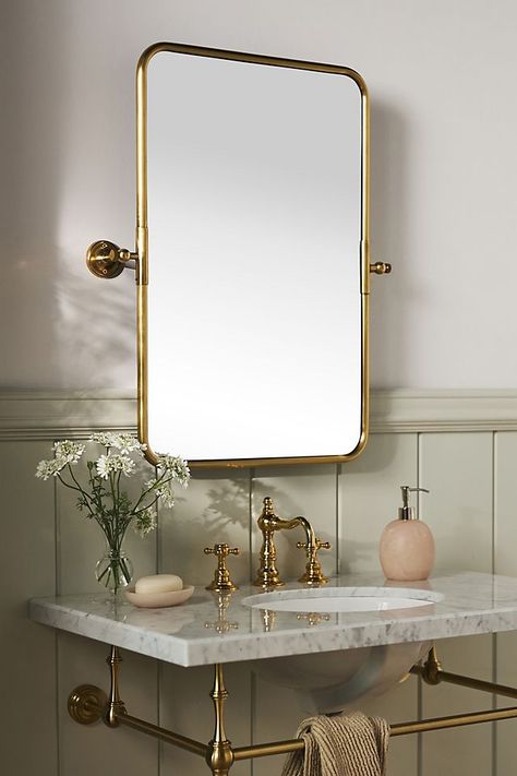 Burnish Mirror Vanity Mirror In Bathroom, Brushed Brass Vanity Mirror, Bathroom Mirror Vintage, French Bistro Bathroom, Gold Bathroom Faucet Fixtures, Primary Bathroom Mirror, Bathroom With Gold Mirror, Anthropologie Vanity, Large Bathroom Mirror Ideas