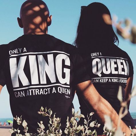 "Only a King can attract a Queen. Only a Queen can keep a King focused." How do you like our new t-shirts? ❤️ Boyfriend Girlfriend Shirts, King Queen Shirts, Cut Up Shirts, Cute Couple Shirts, One Direction Shirts, Queen Shirt, Valentines Couple, Couple Tees, King Shirt