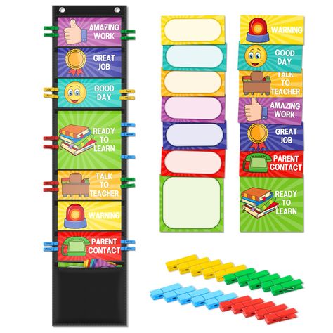 PRICES MAY VARY. Creative Behavior Reward Chart: Hanging foldable pocket chart is made from durable material, 7 clear pockets for displaying positive behavior in the classroom or at home, 14 pcs colorful cards(NOT PREPRINTED) and 40 pcs Upgraded larger colorful clothespins included, 1 pocket underneath for easy to storage markers, cards and clothespins. Kids Behavior Management Chart: Perfect for teachers or parents to help students or kids to track their own academic progress, and understand wh Kids Behavior Management, Behavior Charts For The Classroom, Behavior Reward Chart, Classroom Management Rewards, Chart For Classroom, Discipline Chart, Behavior Management Chart, Behavior Clip Charts, Incentive Chart