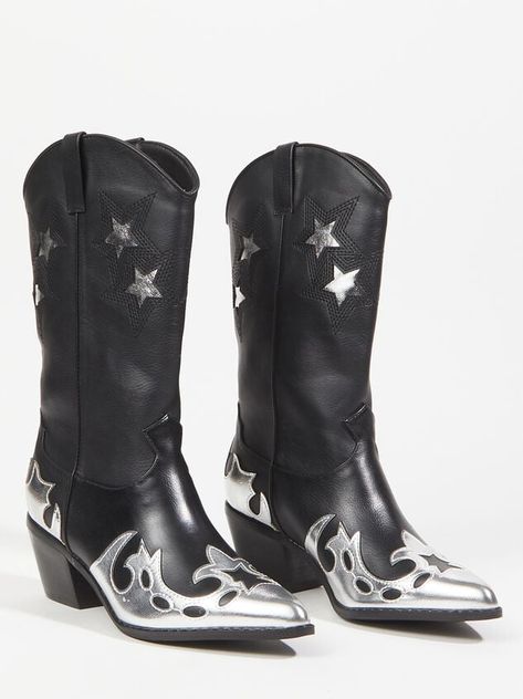 Goth Cowboy Boots, Heeled Cowgirl Boots, Silver Applique, Cowgirl Shoes, Coquette Cowgirl, Botas Cowboy, Rodeo Boots, The Dark Night, Metallic Boots