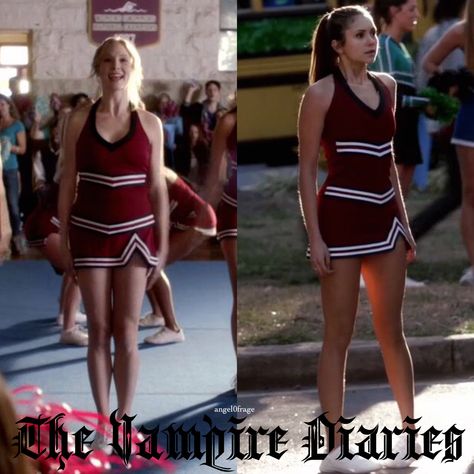 Cheerleading Tvd Cheerleader Costume, Mystic Falls Cheerleading Outfit, Vampire Diaries Cheerleader Costume, Elena Gilbert Cheerleader Outfit, Vampire Cheerleader, Crucit Ideas, School Dance Outfits, Cheerleader Halloween, Anne Hathaway Catwoman