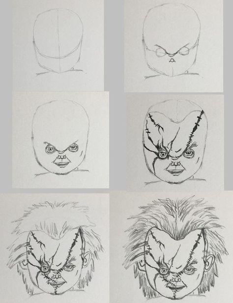 Chucky Step By Step Drawing, Chucky Sketch Easy, How To Draw Chucky Step By Step, Chucky Cartoon Drawing, Chucky Tattoo Stencil Outline, Easy Chucky Drawing, Chucky Drawing Easy Step By Step, How To Draw Chucky, How To Draw Horror Characters