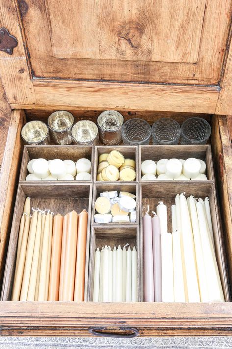 How to Store and Organize Candles How To Store Candles, Candle Organization Storage, Organize Candles, Candle Storage Ideas, Bohemian Candles, Candle Storage, Amour Art, Colored Taper Candles, Basement Room