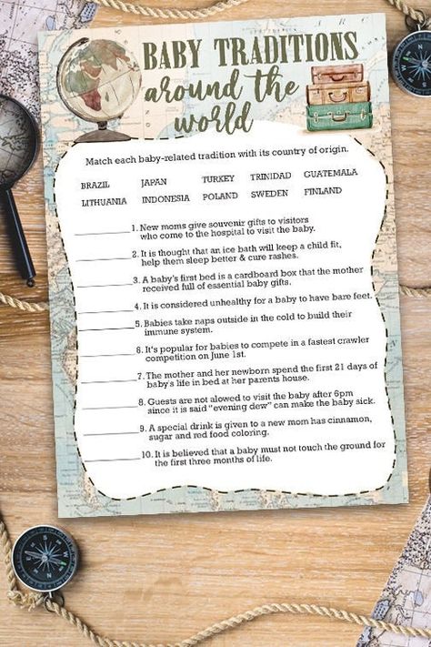 Baby Traditions Baby Shower Games Card / Travel Themed/ Gender Neutral / Vintage Map / Around the World - Etsy Baby Traditions, Adventure Baby Shower Theme, Adventure Awaits Baby Shower, Travel Baby Shower Theme, Travel Baby Showers, Airplane Baby Shower, Game Card Design, Adventure Baby Shower, Baby Shower Game Cards