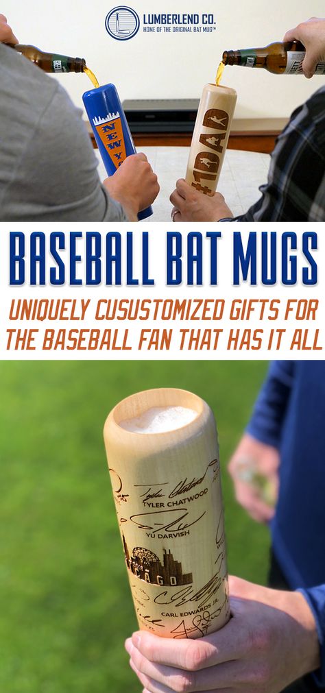 Looking for the perfect gift? We've got you covered with our handcrafted Bat Mugs! They're officially licensed by the Major League Baseball Players Association and we have designs available for every team and player. Looking for something more personalized? Customize your own with Names, Text, Colors, Logos, Signatures, Personalized Messages, and now Photographs to create the most unique gift out there. Learn more at www.lumberlend.com Baseball Lover Gift Ideas, Unique Baseball Gifts, Baseball Season Fan Merchandise Top With Team Name, Baseball Fathers Day Gifts Ideas, Baseball Dad Gifts, Softball Dad Gifts Father's Day, Gifts For Baseball Lovers, Baseball Tee Shirts, Diy Gifts For Him