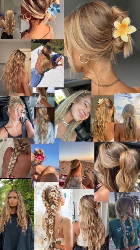 #cutehairstyles Easy Pool Party Hairstyles, Cool Toned Outfit Ideas, Cute Hair Styles Down, Mid Length Beach Hair, Cute Summer Hairstyles Curly Hair, Cruise Hair Styles, Hairstyle For Pool Party, Beachy Updo Hairstyles, Hair For Pool