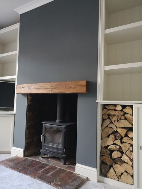 Sides Of Fireplace, Oak Beam Fireplace, Alcove Ideas Living Room, Woodburning Stove Fireplace, Wood Burner Fireplace, Wood Burning Stoves Living Room, Log Burner Fireplace, Log Burner Living Room, Fireplace Feature Wall