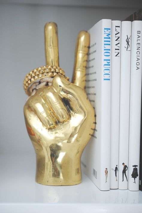 Peace Sign Hand Sculpture | Home Decor | Modern | Accessories Gold Peace Sign Hand, Emily Schuman, Hand Statue, Peace Sign Hand, Peace Hand, Farmhouse Side Table, Successful Blogger, Budget Decorating, Decorating Advice