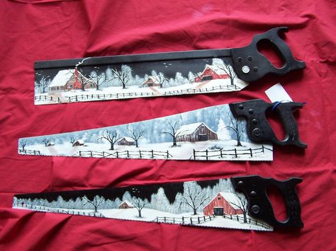 Painted saws | The first saw is a miter saw, and heavy. = $45.00 Painted Saws, Saw Blade Art, Hand Saw Art Ideas, Hand Saws, Saw Blades, Hand Saw, Saw Blade, Saws, Winter Painting