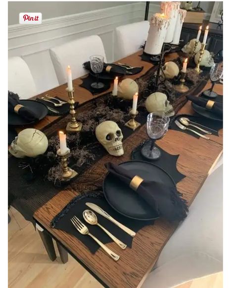 Elegant Halloween Table Decor, Halloween Decor Buffet Table, Skeleton Table Decor, Halloween Formal Dining Table, Elegant Halloween Table Settings, Black Halloween Table Decor, Halloween Diner Decor, Halloween Decoration Table, Halloween Dinning Room Decorations