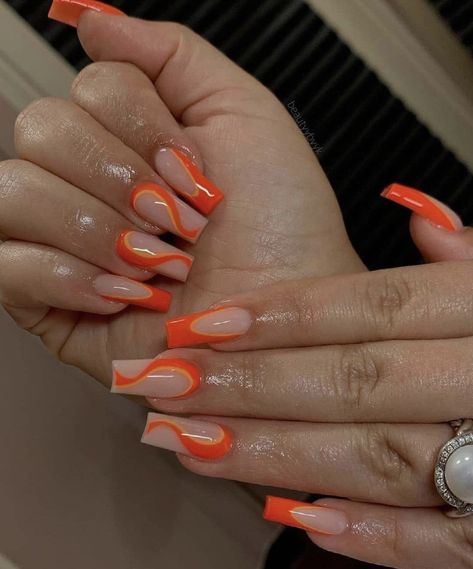 Wedding Guest Nail Designs, Orange Acrylic Nails, Orange Nail Designs, Orange Nail, Nail Care Tips, French Tip Acrylic Nails, Simple Acrylic Nails, French Nail Designs, Short Square Acrylic Nails