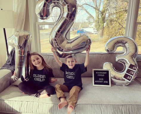 3 kids - baby announcement - oldest middle youngest 3rd Baby Announcement To Husband, Sibling Birth Announcement, Pregnancy Announcement For Third Baby, Baby Number 3 Announcement Ideas, 3rd Baby Announcement With Siblings, 3 Baby Announcement Ideas, Third Child Announcement, Announcing Third Pregnancy, Baby 3 Announcement