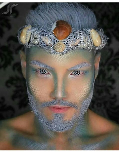 Poseidon Makeup Men, King Triton Makeup, Mermen Costume, Horoscope Costume, Poseidon Makeup, Posiden Costume, Merman Makeup, Mermaid Fantasy Makeup, King Triton Costume