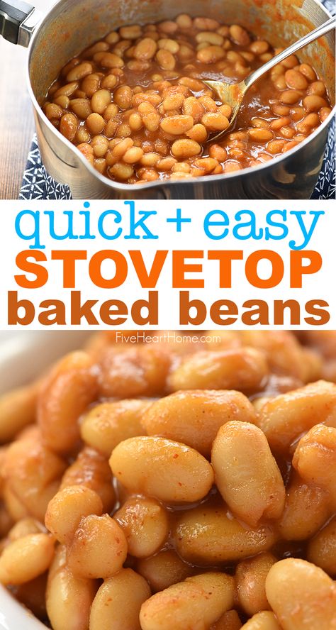 Quick Stovetop Baked Beans is a quick and easy, 5-ingredient recipe that dresses up canned white beans for a versatile dinnertime side dish! | FiveHeartHome.com #bakedbeans Cannellini Bean Recipes Side Dishes, Baked Butter Beans Recipe, Baked Pinto Beans Recipe, Baked White Beans Recipe, Stove Top Baked Beans Recipe, Baked Beans Recipe Easy Quick, Stovetop Baked Beans, Vegetarian Bean Recipes, Gathering Recipes