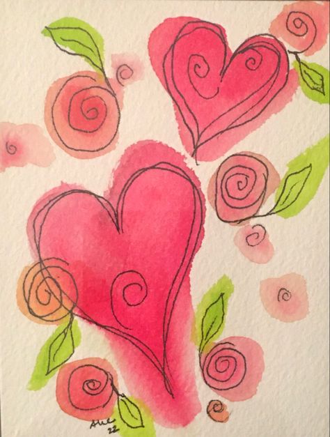 Watercolour Hearts Painting, Easy Happy Paintings, Watercolor Valentines Cards Diy, Watercolor Valentine Cards Ideas, Watercolor Hearts Valentines Day, Valentine Watercolor Cards Watercolour, Watercolor Valentines Art, Cute Watercolor Paintings Aesthetic, Valentine’s Day Doodles