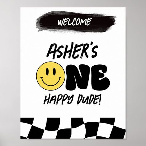 Retro One Happy Dude First Birthday Welcome Sign Zazzle One Happy Dude First Birthday, First Birthday Welcome Sign, One Happy Dude, Birthday Welcome Sign, Birthday Sign, Create Sign, Posters And Prints, Ways To Save, First Birthday