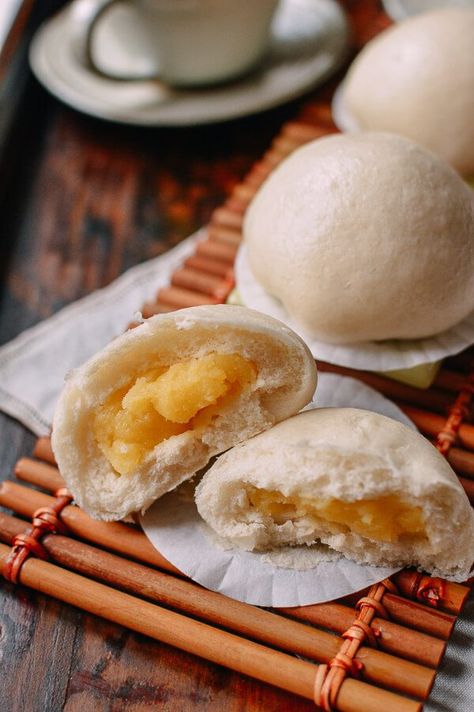 Cantonese Steamed Custard Buns (Nai Wong Bao) Steamed Custard Buns, Steamed Custard, Fluffy Bun, Custard Buns, Salted Egg Yolk, Bao Buns, Molten Lava, Custard Filling, Steamed Buns