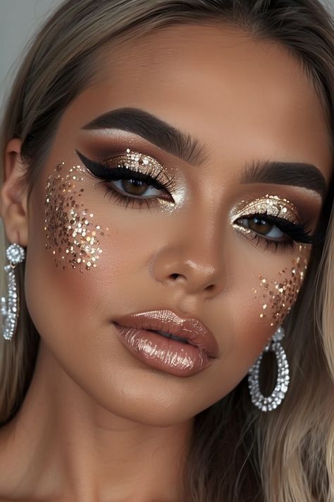 Beauty and Makeup: #beauty, #makeup, #skincare Golden Makeup Look Glam, Glittery Prom Makeup, Gold Glam Makeup, Golden Makeup Look, Dark Angel Makeup, Grad Makeup, Prom Makeup Look, Gold Glitter Makeup, Glittery Makeup