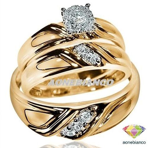 His Hers Wedding Bands Trio Diamond Engagement Bridal Ring Set 14K Yellow Gold #aonebianco Cheap Wedding Rings Sets, Wedding Ring Trio, Her Wedding Rings, Wedding Ring Womens, Matching Wedding Ring Sets, His And Her Wedding Rings, Wedding Rings Sets His And Hers, Heart Shaped Diamond Ring, Matching Wedding Ring