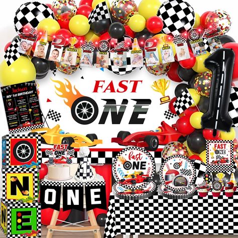 PRICES MAY VARY. what's in the package: you will receive 1 fast one birthday milestone banner with light string, 6 pcs hanging swirls, 1 first birthday decoration for boy checkered tablecloth(54×108in), 40 pcs fast one birthday(7in and 9in ), 20 pcs napkin, 3 pcs racing car foil balloon, 92 pcs red, yellow and black latex balloons, 1 race car one high chair banner, 1 1st birthday race car theme backdrop(60"*40"), 3 "one" balloon box, 1 cake topper, 12 pcs cupcake topper, 1 milestone card and 1 b Race Car Birthday Party Ideas One Year Old, Formula One First Birthday Party, Fast 1 Birthday Party, Car Themed First Birthday Party, Talladega Nights First Birthday, First Birthday Party Themes For Boys, Fast One Birthday Party Theme, Cars First Birthday Party, One Year Old Birthday Party Boy