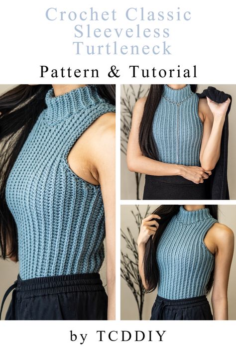 If you are looking to add a touch of style to your wardrobe, a crochet turtleneck sleeveless top is the perfect solution. Our easy-to-follow crochet pattern & tutorial comes with full instructions on how to make your own crochet vest top. With detailed stitching and finishing, this simple yet stylish design will ensure you look fashionable and feel comfortable all day long. Create your own unique crochet masterpiece with our crochet pattern & tutorial and show off your creative flair. Crochet Turtleneck, Turtleneck Pattern, Crochet Tutorial Pattern, Turtleneck Sleeveless, Cozy Crochet, Learn How To Crochet, Sleeveless Turtleneck, Vest Pattern, Crochet Vest