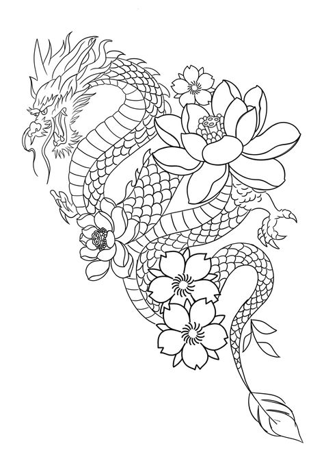 Dragon Flower Tattoo Design, Flowers Tattoo Stencil, Dragon Flower Tattoo, Dragon Shoulder Tattoo, Dragon Tattoo Outline, Practice Tattoos, Snake And Flowers Tattoo, Snake And Flowers, Satanic Tattoos