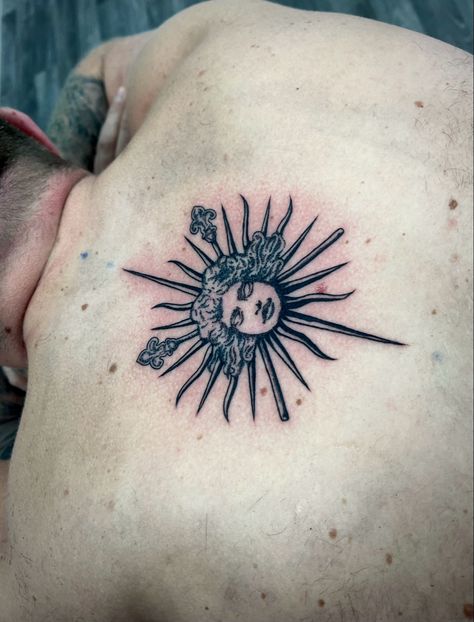 Sun Tattoo Greek, Sun Tattoo Middle Of Chest, Spanish Sun Tattoo, Medieval Sun And Moon Tattoo, Medieval Sun Tattoo, Emblem Tattoo, Sun Emblem, Tattoo Sun, Tattoo Star