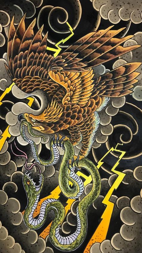 Mexican Eagle snake irezumi tattoo Japanese Eagle Tattoo Design, Eagle Snake Tattoo Traditional, Mexican Back Tattoos, Snake Eagle Tattoo, Irezumi Tattoos Sleeve, Japanese Eagle Tattoo, Mexican Tattoo Art, Eagle Snake Tattoo, Irezumi Snake