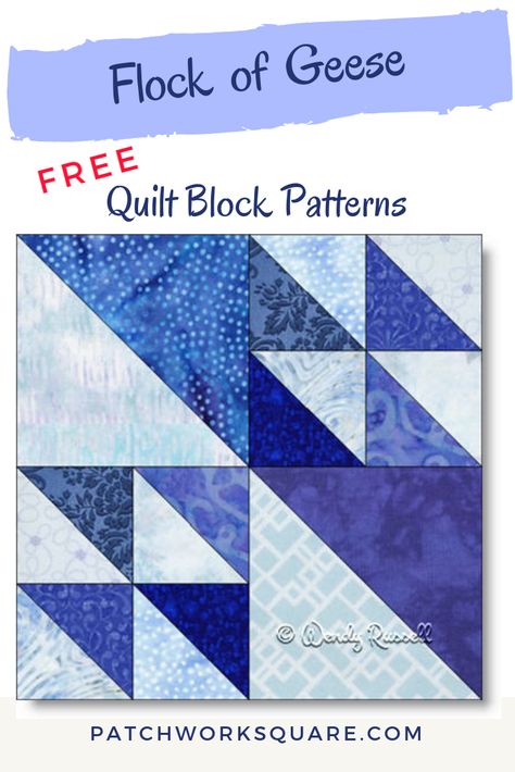 Two things struck me with this FLOCK OF GEESE quilt block. First there are no "flying geese" patches and secondly, it is a block with a directional nature to it -- one of my favourite types -- as those allow for all sorts of interesting secondary patterns to emerge when you choose the layout for your quilt. Quilt Blocks With Flying Geese, Flying Geese Quilt Ideas, Qov Quilts, Hst Blocks, Free Quilt Patterns Printables, Geese Quilt, Quilting Math, Patchwork Ideas, Four Patch