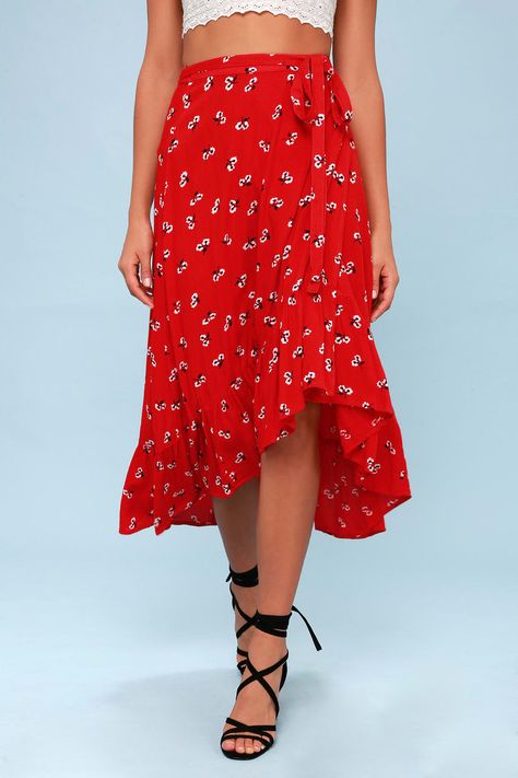 Wrap Skirt Outfit, Skirt Lulus, Midi Wrap Skirt, Boho Chic Dress, Tulip Skirt, Red Floral Print, Trendy Boho, Skirt Mini, Summer Lovin