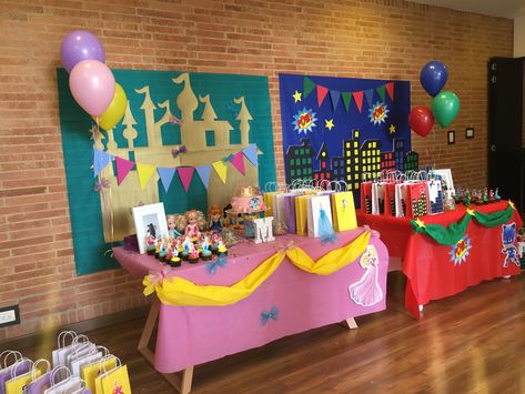 Princess And Hero Birthday Party, Princess And Superhero Party Ideas, Princess And Superhero Party, Double Birthday Parties, Princess Birthday Party Decorations, Superhero Theme Party, Toddler Photoshoot, Princess Party Decorations, Brother Birthday