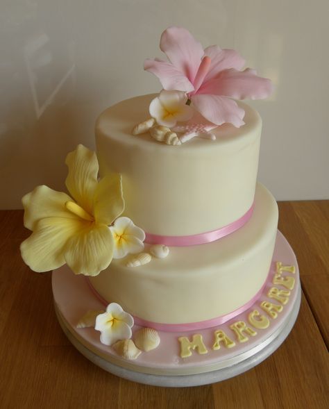 2 Tier Birthday Cake, with Hibiscus Flower Hibiscus Birthday Party, Birthday Cake Ideas Two Tier, Cake Ideas Beach, Summer Birthday Cakes, 16 Bday Cake, Hibiscus Flower Cake, Birthday Cake 3 Tier, Birthday Cake Beach, Birthday Cake 16