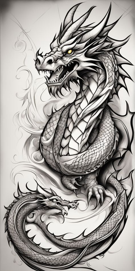 This image showcases a new school style dragon tattoo design. Dominated by bold, black strokes, the striking dragon silhouette contrasts against the blank canvas backdrop. It's a monochrome masterpiece, merging contemporary art with mythical allure. Watercolor Dragon Tattoo, Ink Tattoo Design, Red Tattoo Ideas, Red Ink Tattoo, Realistic Dragon, Dragon Tattoo Art, Medieval Dragon, Intricate Artwork, Japanese Dragon Tattoo