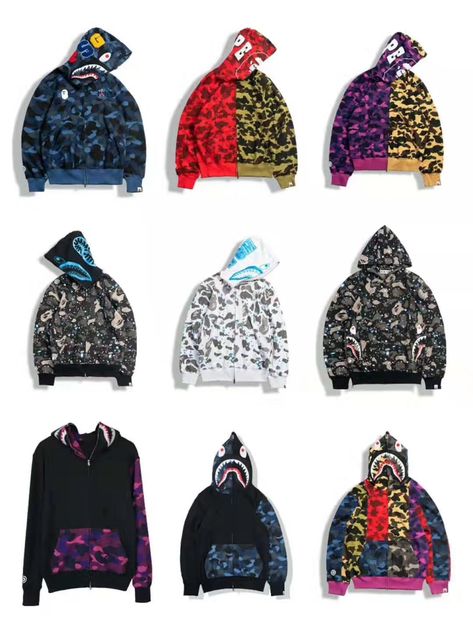 Can't sleep because you can't choose?  We can't, too!   The Bape Shark  Camo Hoodies comes in different colors that will up your street fashion to the next level and to suit your every day Sharkie moods.   #abathingape #bape #shark #sharkjacket #bapesshark #bapejacket #camo #camouflage #camojacket #bapecamo #camoshark #streetstyle #streetfashion Bape Camo Hoodie, Blue Bape Hoodie, Bape Shark Hoodie, Bape Jacket, Shark Jaw, Bape Outfits, Underground Clothing, Bape Shark, Bape Hoodie