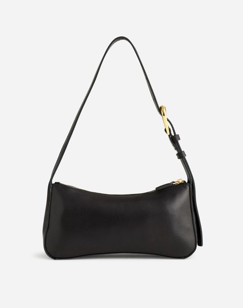 The Sculptural-Buckle Shoulder Bag | Madewell Leather Industry, Black Leather Purse, Straw Tote, Market Tote, Black Shoulder Bag, Black Purses, Medium Bags, Leather Working, Smooth Leather