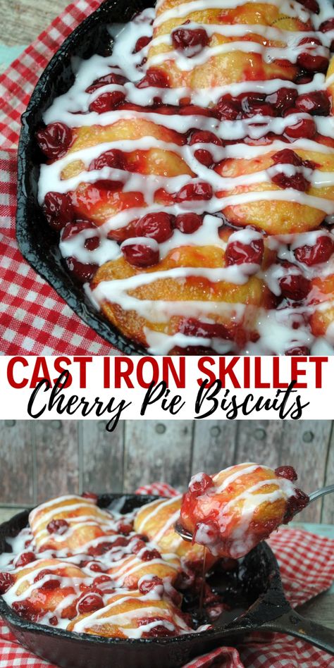 Cast Iron Skillet Cherry Cobbler Recipe - Dine Dream Discover Cast Iron Cherry Pie, Cast Iron Pie Pan Recipes, Cast Iron Desserts On The Grill, Cast Iron Desserts Camping, Campfire Cobbler Cast Iron, Desserts In Cast Iron Skillet, Cast Iron Biscuit Pan Recipes, Cherry Pie Biscuits, Cast Iron Cobbler Recipe