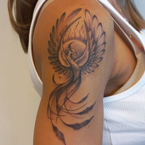 Upper Arm Phoenix Tattoos For Women, Phoenix Tattoo Back Women, Phenix Tattoo For Women, Pheonix Tattoo For Women, Phoenix Tattoo Arm, Phoenix Tattoo Sleeve, Phoenix Tattoo Ideas, Lace Sleeve Tattoos, Fenix Tattoo