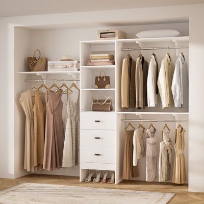 The versatile 8ft closet system, the ideal storage solution designed to optimize your space and help you organize your clothing and accessories. This system features a spacious clothing rack, complete with a hanging rod and shelves for folded items. Perfect for any walk-in closet, this rack can be customized to your specifications. The expandable hanging rod allows you to create the perfect fit for your clothing, while the detachable shelf tower gives you even more options for storage. With its Closets By Design Walk In, Small Hallway Closet Organization, Bed Closet, Diy Walk In Closet, Organiser Son Dressing, Closet Organizer With Drawers, White Closet, Reach In Closet, Closet Organizing Systems