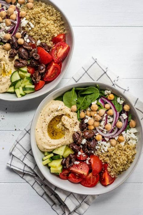 Mediterranean Hummus, Hummus Bowl, Healthy Bowls Recipes, Vegetarian Salad Recipes, Feta Pasta, Vegan Salad Recipes, Healthy Bowls, Homemade Hummus, Bowl Recipe