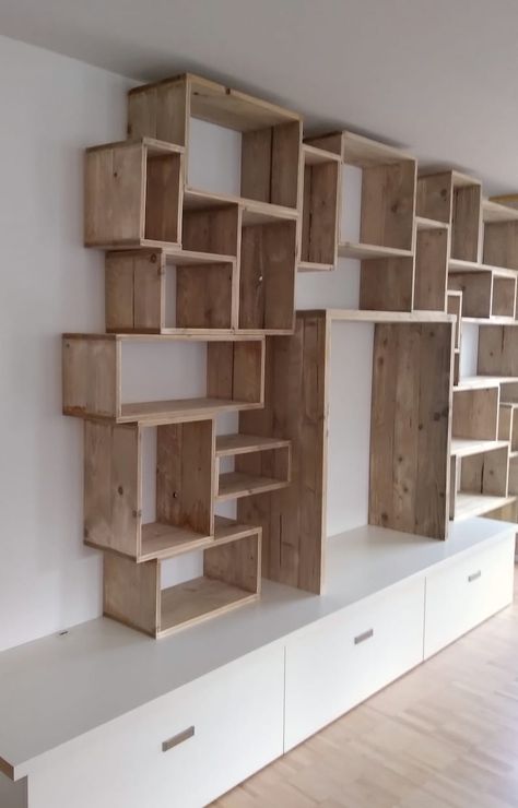 ACTION: RSP24 Modular Shelf Made of Old Floorboards T28cm - Etsy Canada Old Floorboards, Modular Shelf, Timber Shelves, Bookcase Diy, Box Shelves, Modular Shelving, Tv Wall Design, Aging Wood, Baseboards