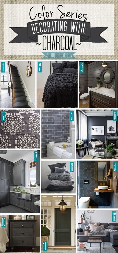 Color Series; Decorating with Charcoal, grey, black, dark grey home decor | A Shade Of Teal Decorating With Color, Interior Design Minimalist, Home Decor Colors, Grey Home Decor, Design Boards, White Trim, Interior Design Tips, Cheap Home Decor, My New Room