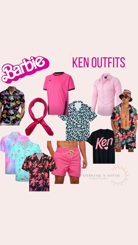 Barbie Party Ken Outfit ideas, Ken costume ideas, Barbie Party Ken,  Hawaiian shirt, mens leopard shirt, mens pink shirt, pink soccer shirt, pink dress shirt, ken shirt, ascot, ken ascot, Ken scarf, pink swim trunks, Beach Ken Outfit, Ken And Barbie Party Ideas, Ken Party Outfit, Barbie Theme Outfit For Men, Ken Outfits Halloween, Ken Aesthetic Outfit, Alan Barbie Costume, Black Barbie And Ken Costume Couple, Barbie Vs Ken Spirit Week Outfits