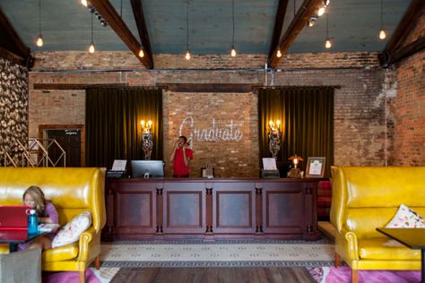 Lobby of The Graduate hotel in Athens, Georgia, on Sept. 2, 2015. (Photo/Landon Trust) Graduate Hotels, The Graduate Hotel, Graduate Hotel, Athens Hotel, Reception Desk Design, Athens Georgia, Holiday Events, The Graduate, Reception Desk